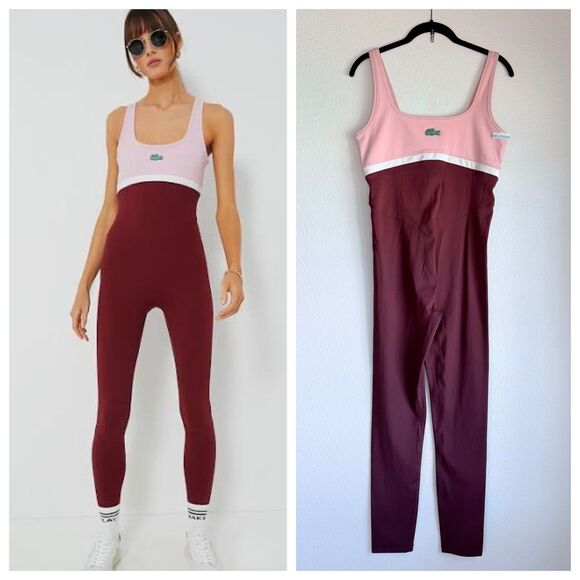 NWOT Women's Lacoste x Bandier All Motion Scoop-Neck Bodysuit in Bordeaux & Pink - Picture 1 of 16